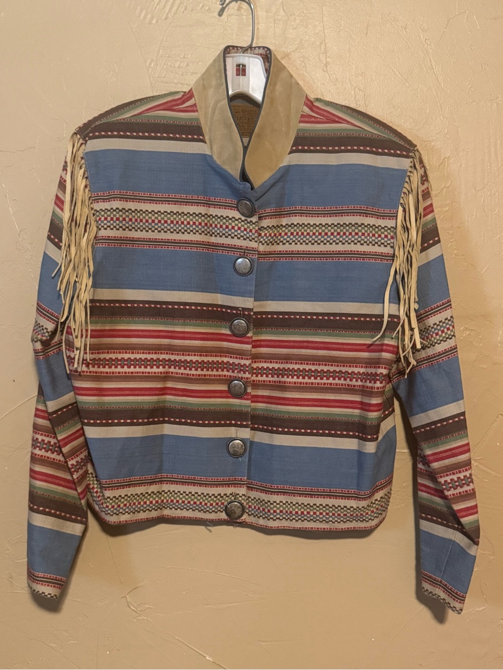 Double D Ranch Striped Fringe Utility Jacket in Blue and Brown